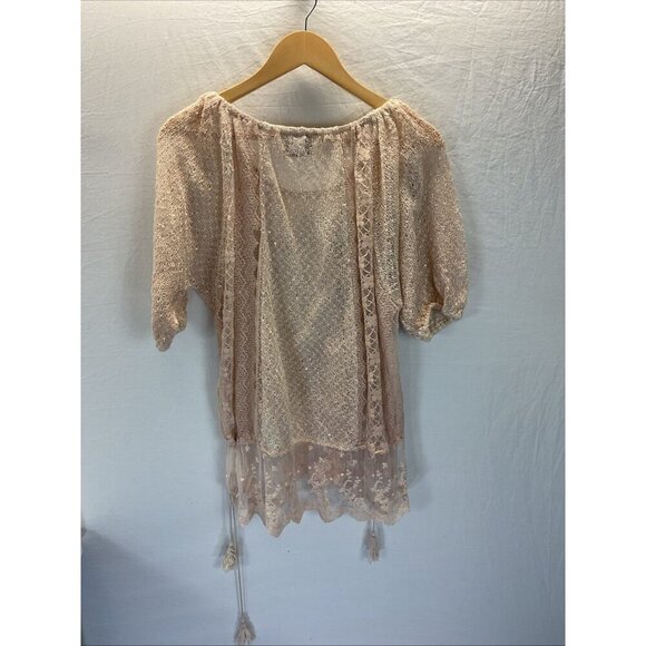 PAT DAHNKE Women’s size‎ L Pink Lace Sheer puff short sleeve top Boho Western - Picture 2 of 14